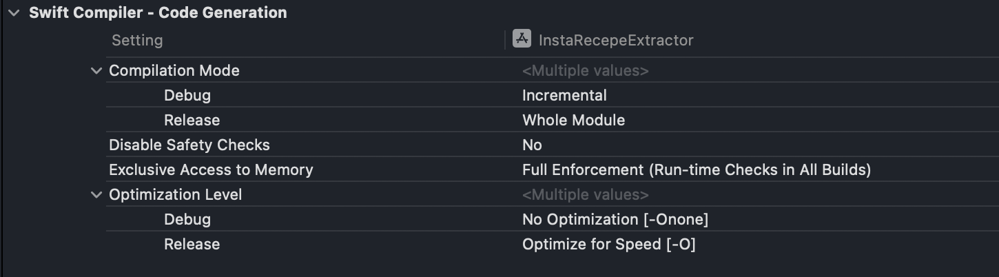Xcode Build Settings - Swift Compiler Code Generation